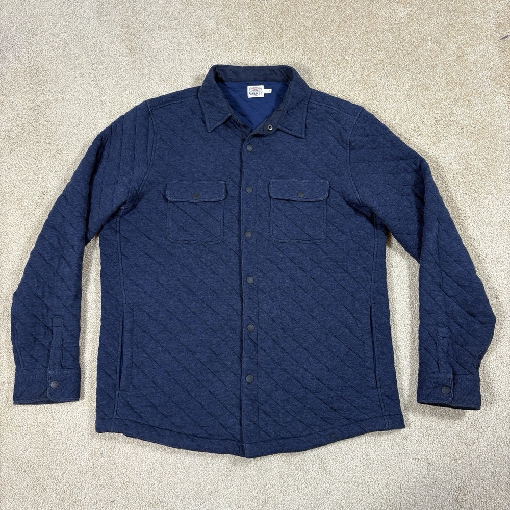 Faherty Mens Large Epic Quilted Fleece CPO Shacket Navy Blue Snap Button Shirt